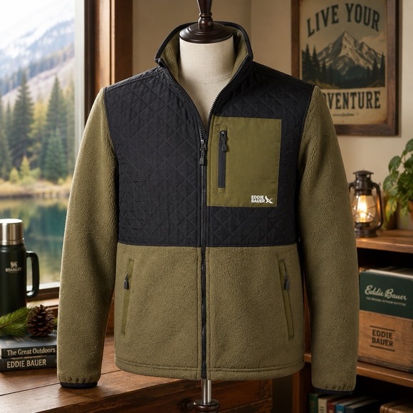 Eddie Bauer Other - Eddie Bauer Mixed Media Fleece Jacket Mens Medium Multi Quilted Detail Full Zip